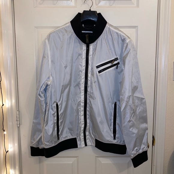 Vintage Y2K GUESS Reflective Bomber Zip-Up Windbreaker Jacket Black & White XL - Picture 1 of 5